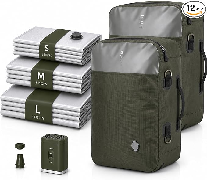 12 Travel Vacuum Bags with Pump for Travel Camping Sports Business TPU&PAPE Space Saver 2 Pack Storage with Portable Air Pump, Compression Packing for Clothes, Luggage, Suitcases - Green 48L