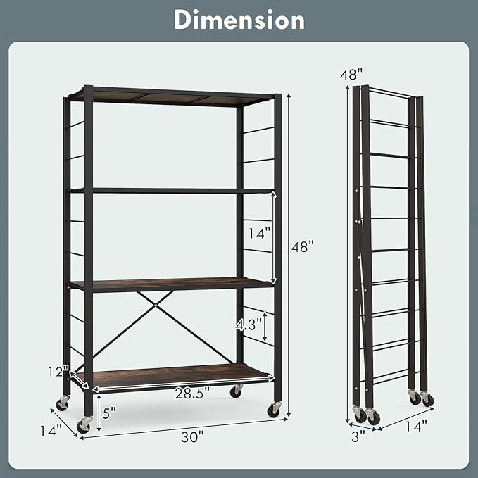 Giantex 4-Tier Folding Storage Shelf of 2, Collapsible Shelving Unit with Lockable Wheels & Adjustable Shelf, Heavy-Duty Organizer on Wheels, Storage Rack for Tool Room, Garage, Kitchen