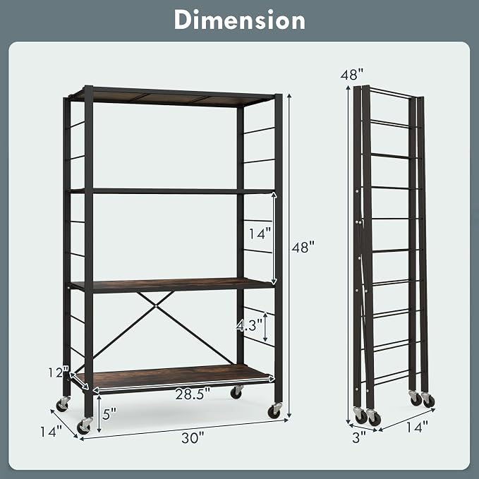 Giantex 4-Tier Folding Storage Shelf, Collapsible Shelving Unit w/Lockable Wheels & Adjustable Shelf, Heavy-Duty Storage Organizer on Wheels, Storage Rack for Tool Room, Garage, Kitchen, Living Room