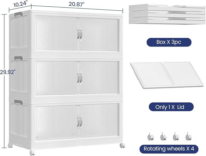 45Gal/180QT 3-Tiers Extra Large Stackable Storage Bins with Lid, Collapsible Cabinet Closet Organizer Plastic Container Box with Wheels Doors Drawers for Living Room Kitchen Office, White