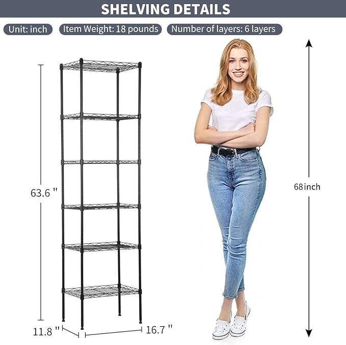 6-Shelf Wire Shelving Unit Adjustable Metal Shelving 600Lb Capacity Storage Shelves for Closet Kitchen Wire Rack Shelf Organizer for Small Space, 16.7D x 11.8W x 63H, Black