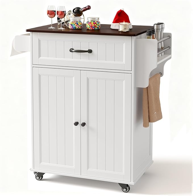 Gizoon 33" W White Kitchen Island Cart with Adjustable Shelf, | Metal Wheels, Drawer & Storage Cabinet, Spice Rack & Towel Rack, for Dining Room, Bar, Retro Wooden Countertop