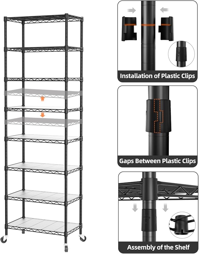 SINGAYE 8 Shelves Storage Wire Shelf Closet Metal Shelving Pantry Wheels | Shelf Bathroom Organizers Metal Kitchen Garage Shelving Unit Laundry Room Organization Home Rack Net Basket with Wheels