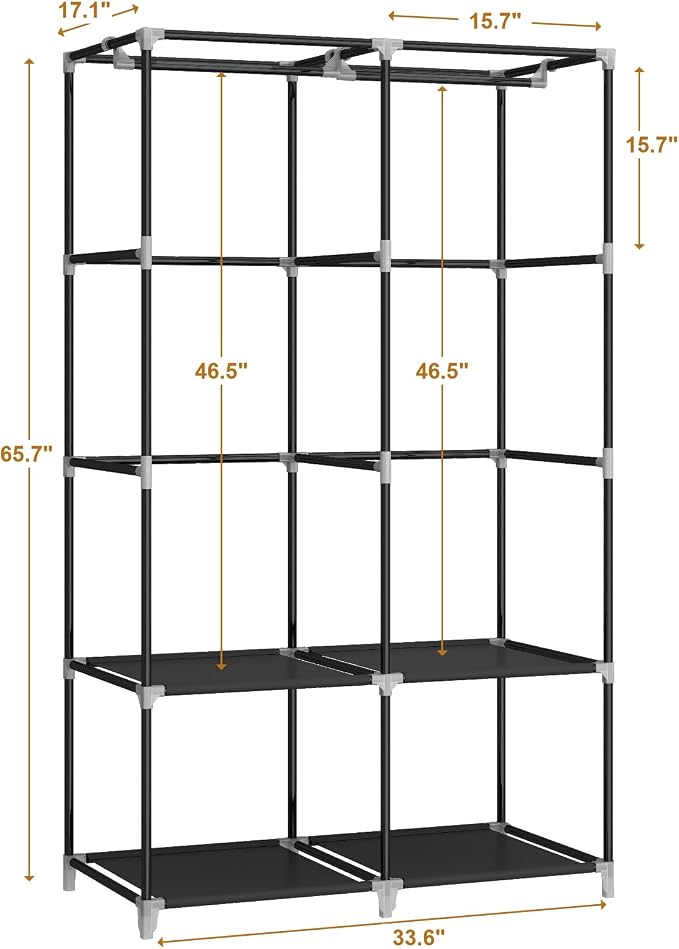 35“ Portable Closet Wardrobe for Small Room, Hanging Rods Shelves & Cover | 2 Clothes Hanging Rods, 4 Shelves and Non-Woven Fabric Cover