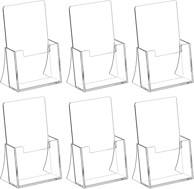 Acrylic Brochure Holder 4 Inch, 6 Pack, 4''x9'' Stand, Countertop Organizer | Clear Brochure Display Stand, Plastic Pamphlet Holder, Flyers, Literature, Magazines, Booklets, Journals, Desk Holder, Office