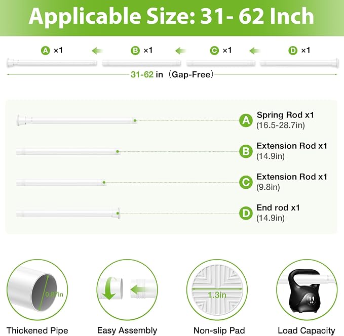 1Pcs Spring Tension Curtain Rod, Shower Curtain Rod 31-62 Inch, Spring Loaded Curtain Rod No Drilling, Adjustable 7/8" Diameter Tension Rod for Windows Bedroom Bathroom Doorway Closet, White
