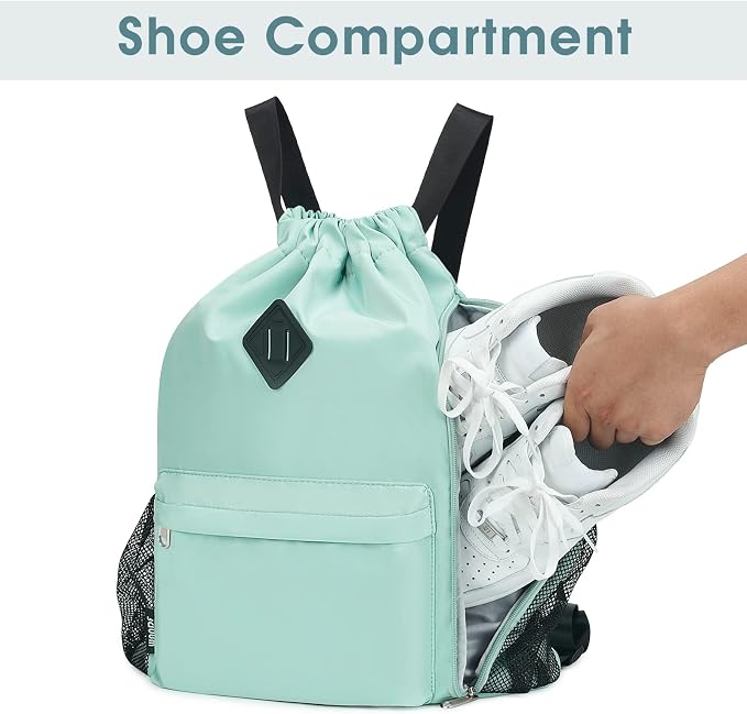 WANDF Drawstring Backpack with Shoe Compartment, Sports Gym Bag | Multi-Pocket Storage, Water-Resistant Fabric, Cinch String Bag