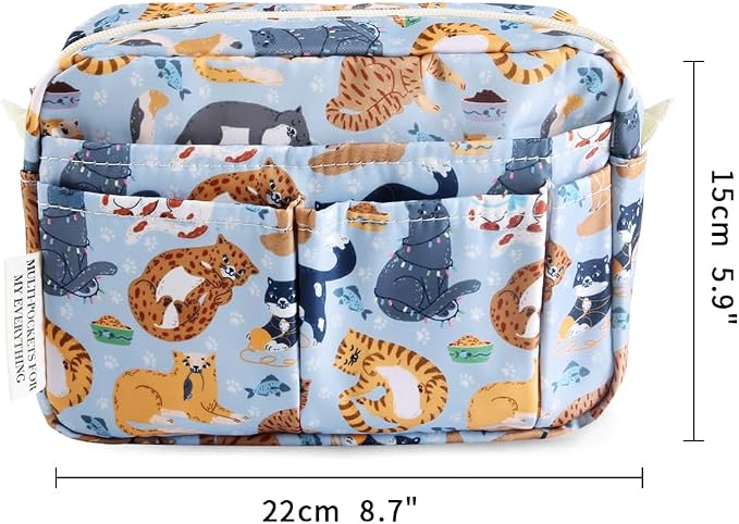 E-WEICHEN Multiple Pockets Portfolio Organizer with Zippered, Makeup Bag Travel Essentials for Women, Simple Waterproof Stationery Pencil Pouch Bag for Journal Office Art Supplies.Blue Cat
