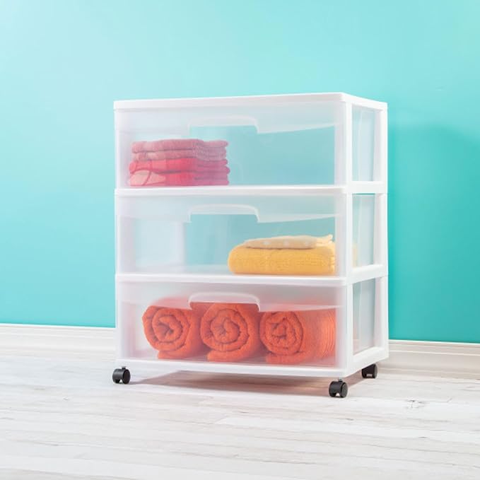 Sterilite Wide 3 Drawer Storage Cart, Plastic Rolling Cart with Wheels to Organize Clothes in Bedroom, Closet, White with Clear Drawers, 1-Pack