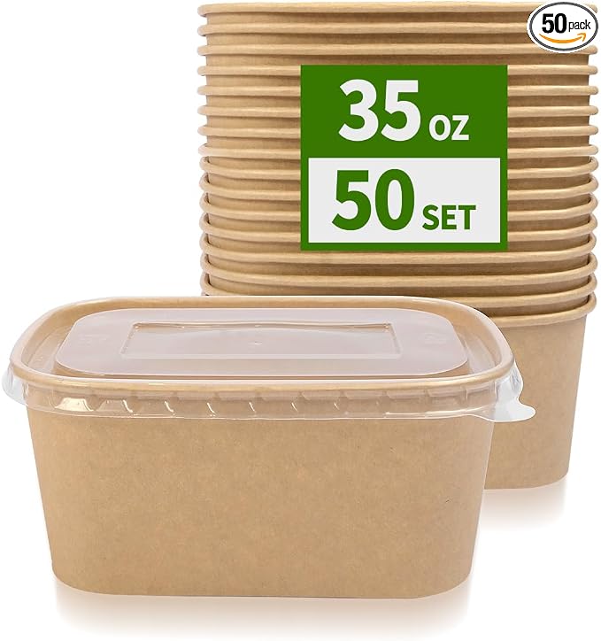 35 oz Paper Meal Prep Containers with Lids 50 Pack Hot and Cold Use | Microwavable Meal Prep Containers Disposable for Food Prep, Freezer Storage and Catering Take Out, 50 Bowls 50 Lids