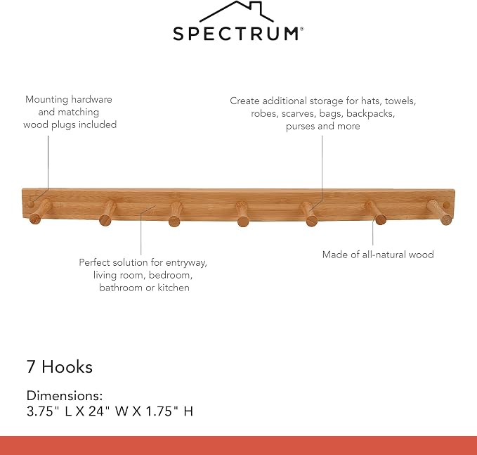 Spectrum 7 Peg Wall Mount Peg Rack Wooden Storage Organizer for Coats Hats Purses Towels, Includes Mounting Hardware and Decorative Plugs, Tie Rack Hanger Belt Holder Closet Accessory, Bamboo Color