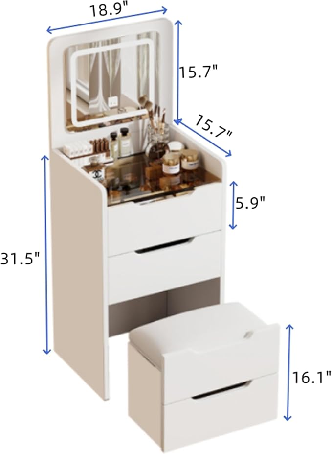 3 in 1 Vanity Desk with Mirror and Lights,Small Make Up Vanity Set with Visible Glass Desktop,Compact Makeup Vanity with 3 Drawers & Stool, Dressing Table for Bedroom