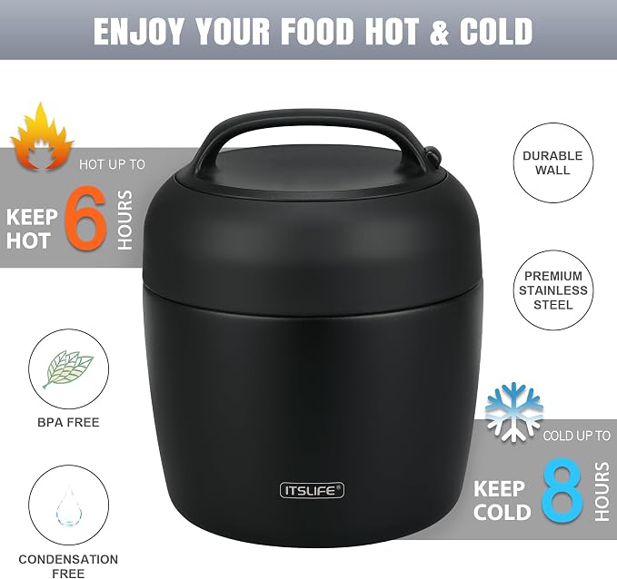 Thermo Food Jar for Hot Food Adults 32OZ Soup Thermo Lunch Containers Wide Mouth Vacuum Insulated Stainless Steel Leakproof Bento Box with Spoon (NEW-BLACK)