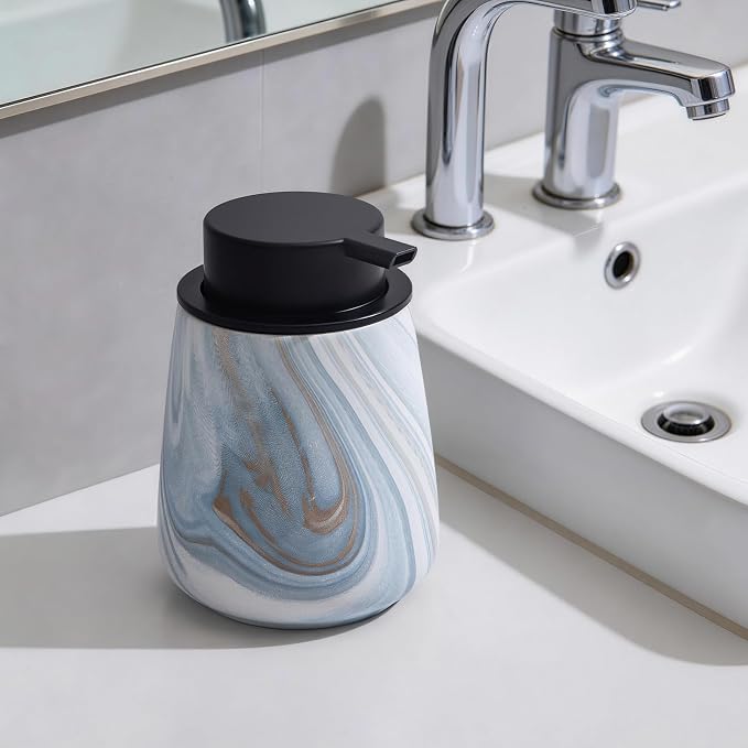 12Oz Foaming Hand Soap Dispenser - Ceramic Bathroom Foam Soap Dispenser with Easy-to-Press Black Pump, Refillable Lotion Hand Dispenser, Dish Soap Dispensers for Kitchen, Marble Blue