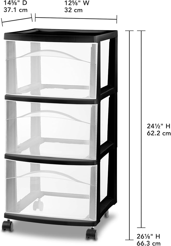 Sterilite 2 Pack 3 Drawer Storage Cart, Plastic Medium Organizer with Wheels, Black - Multipurpose Bin for Crafts, Accessories, or Office Supplies