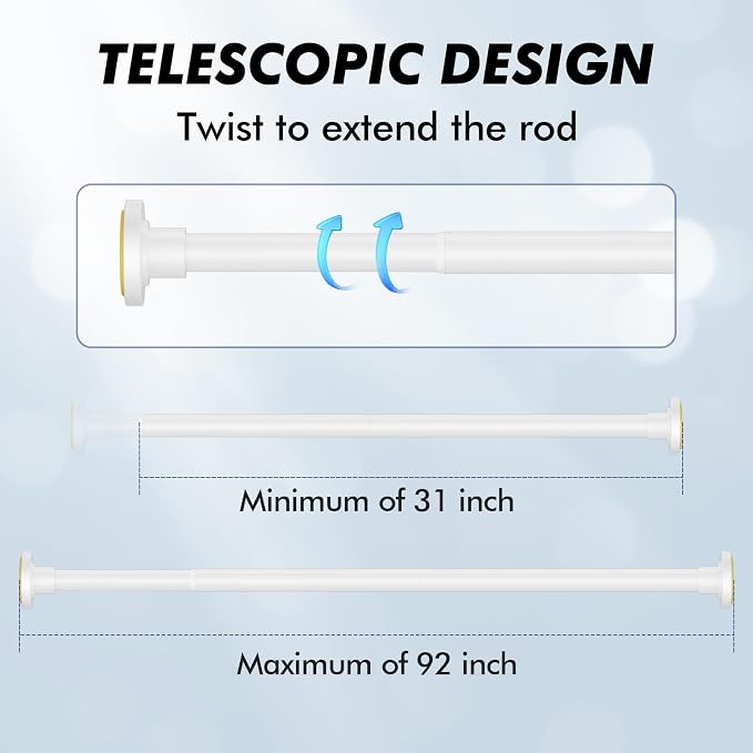 White Shower Curtain Rod Tension 30 to 92 Inch,1 Inch Diameter Adjustable Tension Curtain Rod No Drilling,Shower Rods for Bathroom,No Rust