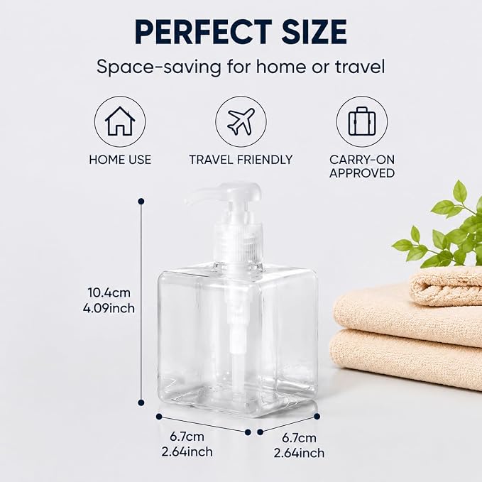 TMLECE 8.5oz/250ml Square Soap Dispenser Bottles | Eco-Friendly PETG Material, Leak-Proof Rotating Pump for Bathrooms, Kitchens & Travel, 4 Pack Refillable Bottles
