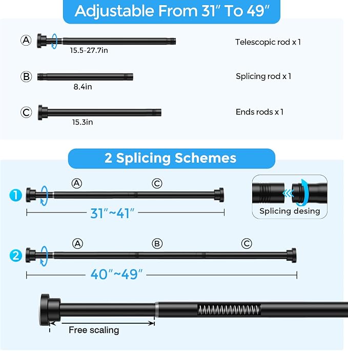 Shower Curtain Rod 31-49 Inch,7/8"Diameter Adjustable Spring Tension Curtain Rods No Drill,Matte Black Shower Tension Rod for Bathroom,Room Divider,Window,Anti-Rust Non-Slip 1-Pack