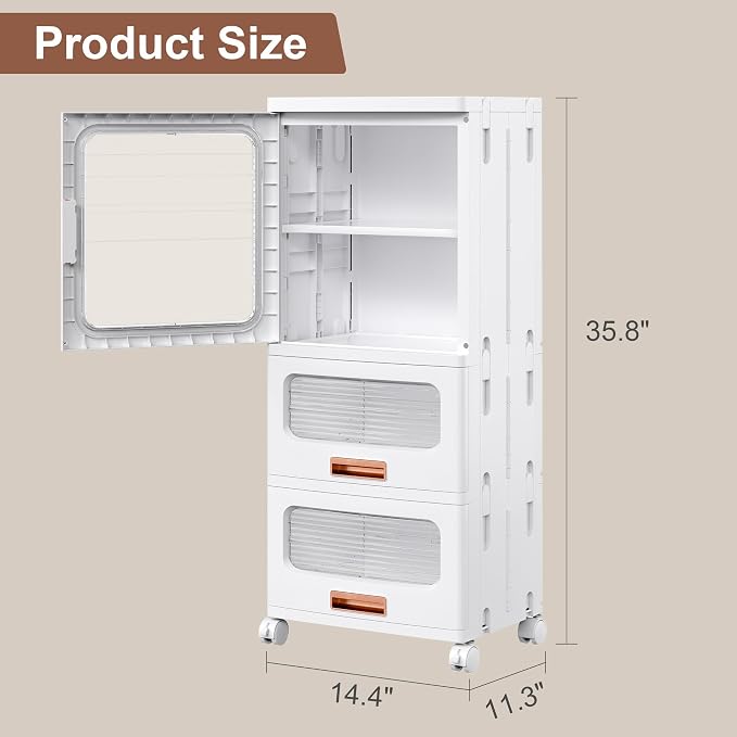 VECELO Narrow Bathroom Storage Cabinet with 2 Drawer, Foldable Storage Organizer with Movable Wheels and Adjustable Shelf for Small Space, Kitchen, Laundry, White