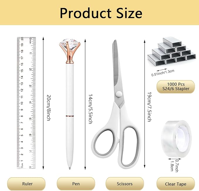 suniya Office Supplies,Desk Accessories,Tape Holder,Stapler,Scissor,Staple Remover,Box of Binder Clips,Staples,Ballpoint Pen,Sticky Notes,Clear Tape,Ruler,Office Supplies Set(White)