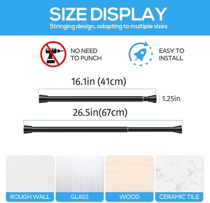 1 Pack Spring Tension Rods 18-26 Inches, 7/8 Inch Diameter Black No Drill Spring Loaded Adjustable Extendable, Small Short Tension Curtain Rod for Windows Kitchen Doorway Closet Cupboard