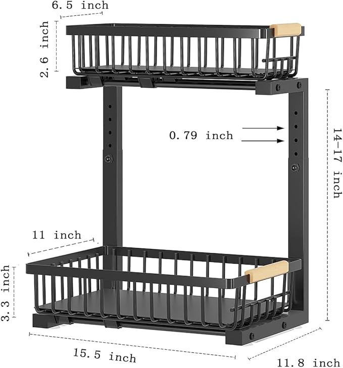 Under Sink Organizer,2 Pack Kitchen Organizers and Storage Adjustable Height 2 Tier Sliding L-Shape Cabinet Organizers Meatal,Under Bathroom Sink Organizer with Anti Slip Wooden Handle