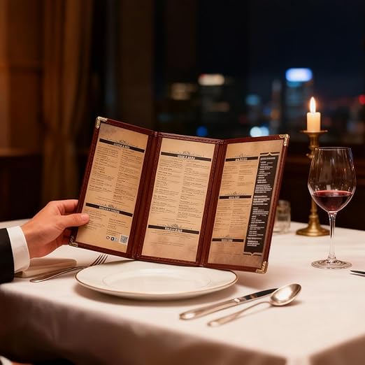 Goodsmart Restaurant Menu Covers – Burgundy, 25 Pack, 6-View Trifold 5.5" x 8.5", Side-Loading Vinyl & Plastic Menu Holders, Clear Menu Sleeves, Leather-Style Café Covers with Gold Corners