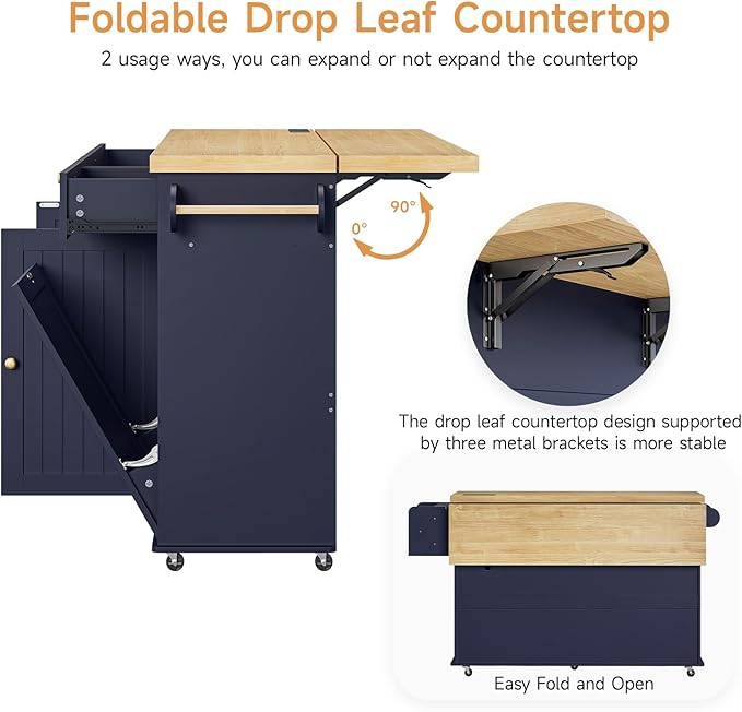 ONBRILL 60" Kitchen Island with Power Outlet & Drop Leaf, Rolling Island with Spice Rack & Towel Rack, Kitchen Island Cart with Trash Storage Cabinet, Island Table for Kitchen, Blue