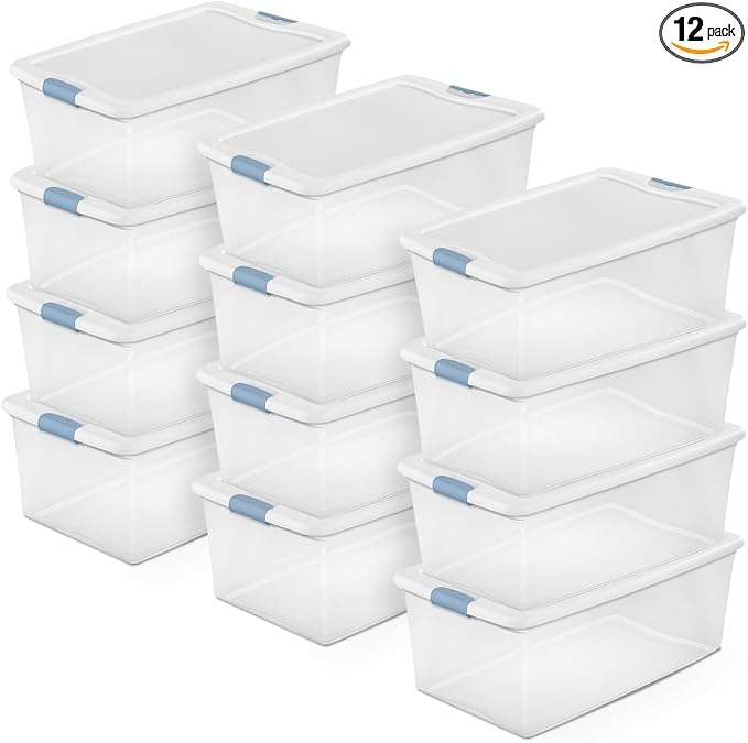 Sterilite 12-Pack Latching Box, Under Bed Storage Bins with Lids, Clear Plastic, 106 Quart - Heavy-Duty Organizing Containers for Closet, Bathroom, and Office