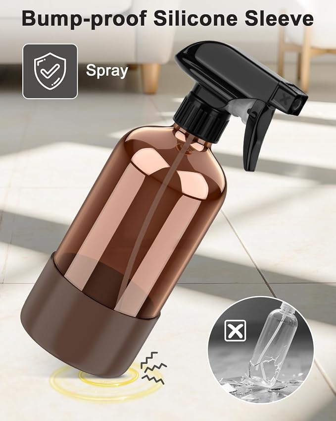 Bontip Amber Glass Spray Bottle with Silicone Sleeve Protection, 16 oz Refillable Spray Bottles for Cleaning Solutions, Plants, Aromatherapy, Facial Hydration (3, Brown, 16 oz)