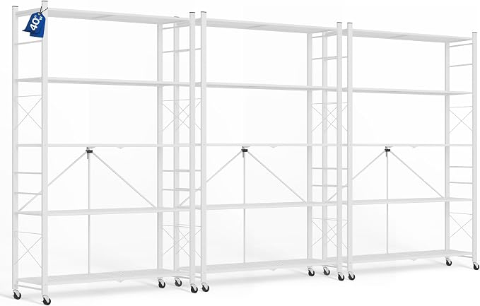 ALANNG 40" W Foldable 5-Tier Storage Shelves on Wheels Adjustable | Removable Metal Rack, Heavy Duty Rolling Organizer for Kitchen, Garage, Closet, Pantry, and Office (White,3 Pack)
