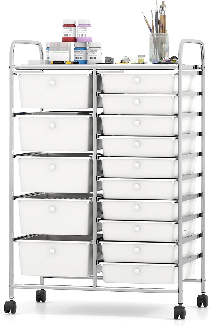 DREAMADE 15-Drawer Rolling Storage Cart, Mobile Craft Cart, White | Utility Organizer with Lockable Wheels, Removable Plastic Drawers and Metal Frame for Home Office, Classroom and Studio