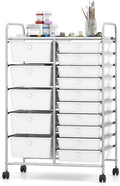 DREAMADE 15-Drawer Rolling Storage Cart, Mobile Craft Cart, White | Utility Organizer with Lockable Wheels, Removable Plastic Drawers and Metal Frame for Home Office, Classroom and Studio
