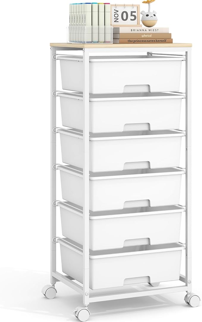 6 Drawer Rolling Storage Cart with Wooden Top and Wheels for Crafts,White | Easy Setup, Large Capacity, Sturdy Build, Lockable Mobility, For office, classroom and art studio supplies