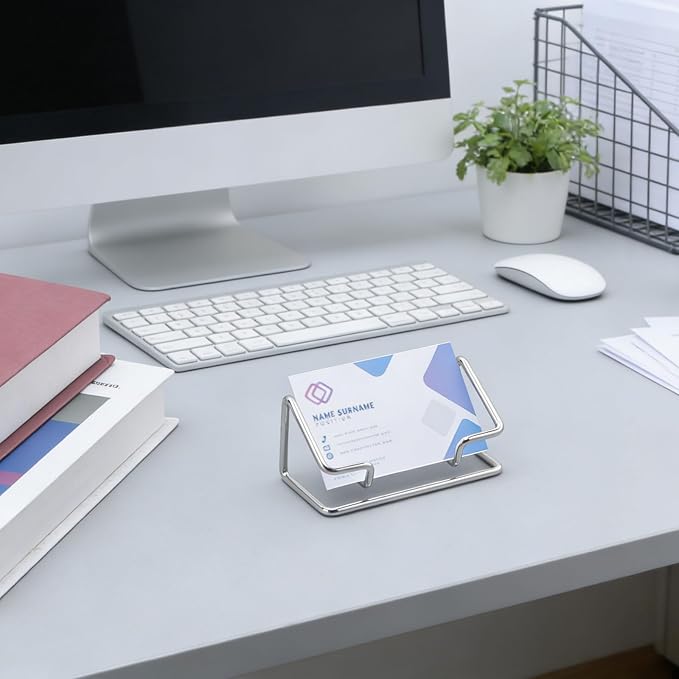 2 Pack Minimalist Metal Business Card Holder, Simple Wire Frame Desktop Organizer for Name Cards, Place Cards and QR Codes, Affordable Elegant Display for Office, Wedding and Home Decor(Silver)