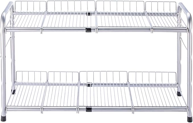 FlagShip 2 Tier Under Sink Organizers and Storage Rack Expandable Cabinet Shelf for Kitchen Bathroom Silver (17-25 inches)