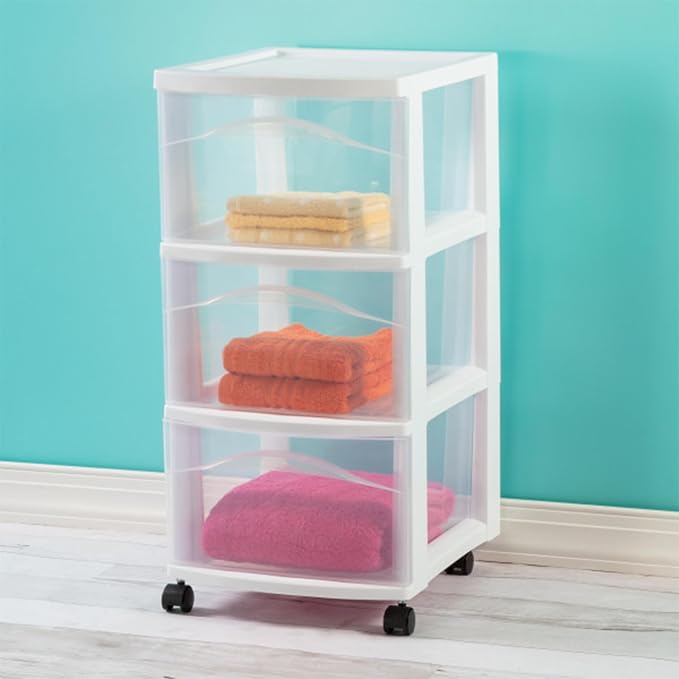 Sterilite 4-Pack 3-Drawer Cart, Plastic Storage Organizer Drawers with Wheels, White - Rolling Multipurpose Bins for Dresser, Closet, Cabinet, Bedroom, Bathroom, and Office Organization