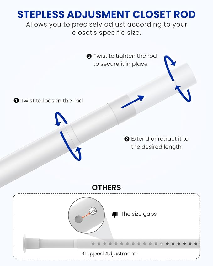 Supforce Closet Rods for Hanging Clothes, 17 to 84 Inches Stepless Adjustable Metal Closet Rod, 1.3 Inches Heavy Duty Clothes Hanging Rod for Closet Wardrobes Laundry RV, White