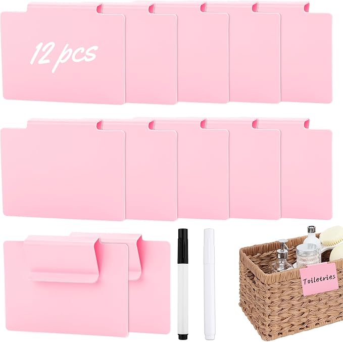 14PCS Basket Labels Clip On Set, Include 12Pcs Clip Label Holder and 2 Markers, Plastic Removable Pantry Basket Labels for Organizing Box,Kitchen,Linen Closet(Pink)