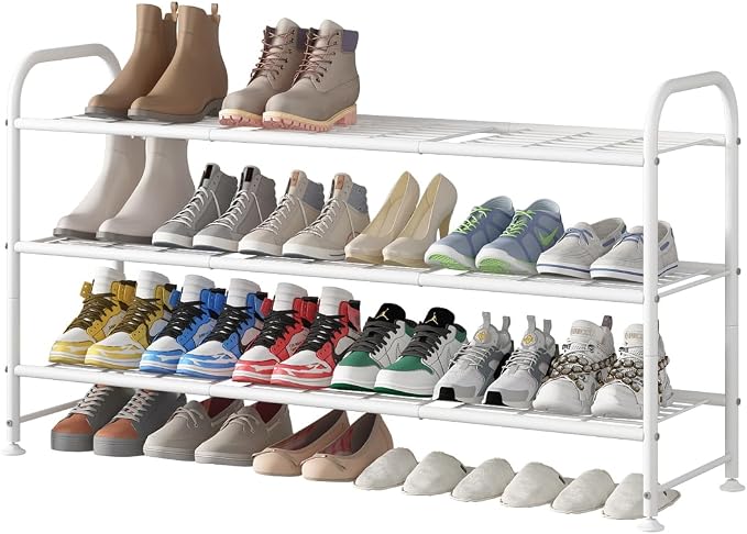 LINZINAR 3 Tier Long Shoe Rack for Closet Metal Shoe Organizer for Entryway | Spacious design stores 20+ pairs of shoes,durable metal frame,space-saving organizer for closet, hallway, and Entryway White