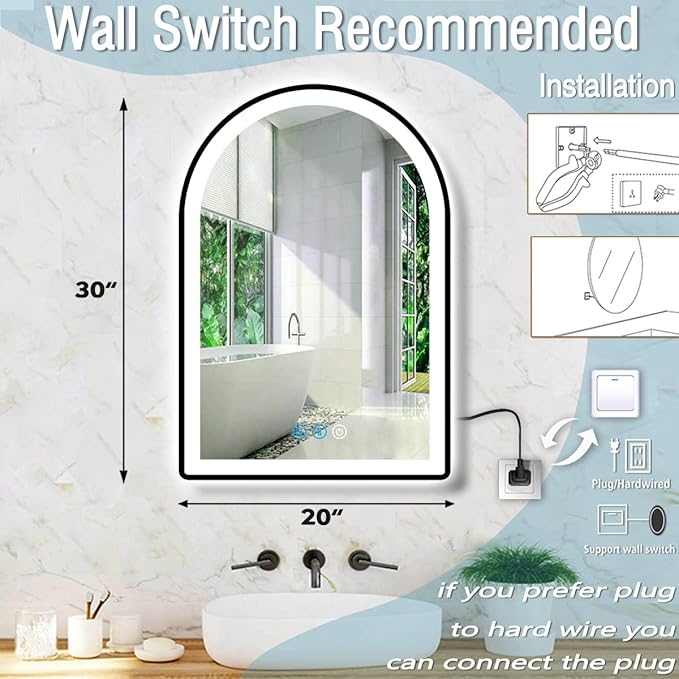 THEKLA 30x20 Inch Black Arch Vanity Mirror with Light Black Frame Arched LED Lighted Mirror for Bathroom Wall AntiFog Memory Dimmable 3 Color Frontlight 30in Black Frame Arch Smart Light up Mirrors