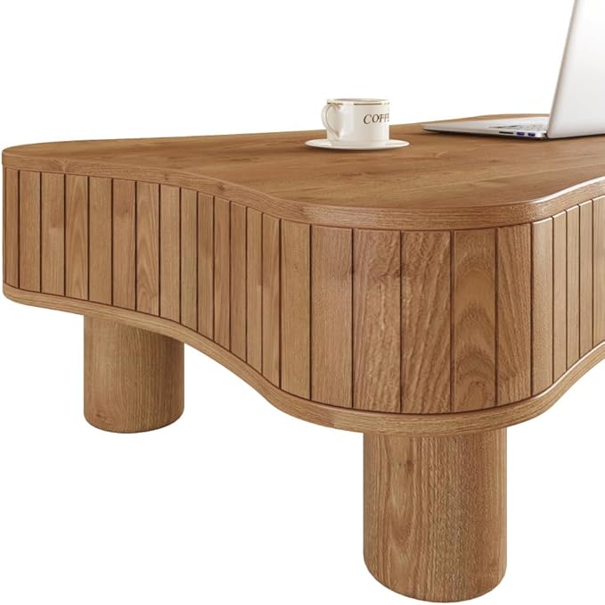 Lift Top Coffee Table with Hidden Storage Fluted Panel Silent Hydraulic Lift Curved Corners (Light Brown)