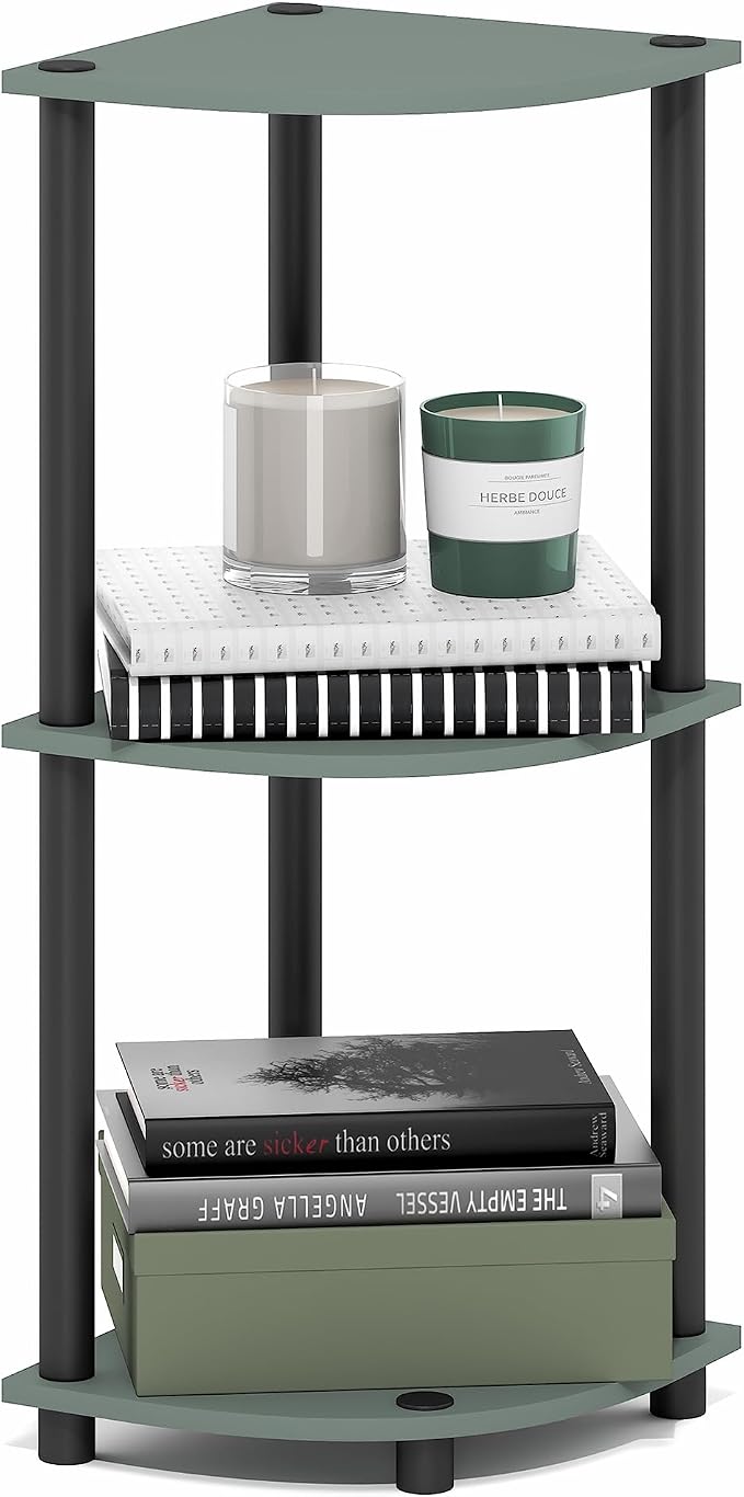 Furinno Turn-N-Tube Toolless Assembly 3-Tier Corner Shelf, Green Corner Book Shelf, Open Shelves Bookshelf, for Organization and Storage, Living Room, Home Office, Bedroom, Light Sage