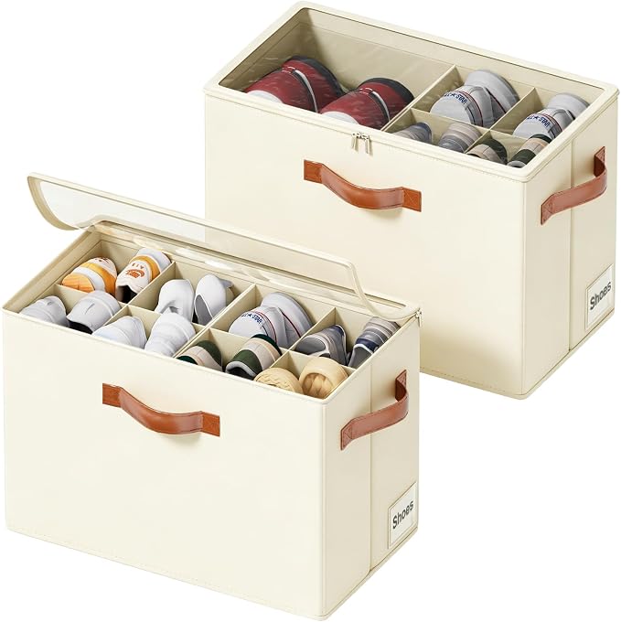 Shoe Organizer for Closet, Fits 16 Pairs, Beige, 2 Pack | Space Saving, Adjustable Dividers, Clear Cover, Reinforced Handles, Stackable & Foldable Farbic Shoe Storage Organizer Box
