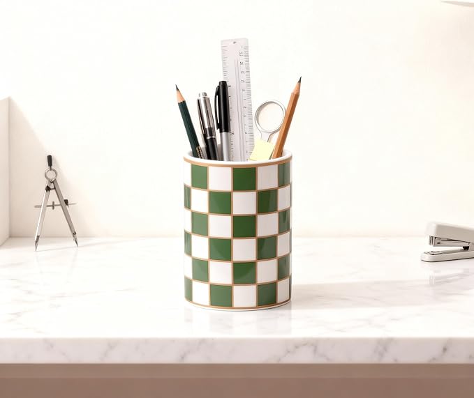 Ceramic Checkered Pen Holder For Desk,Cute Stand Black And White Pencil Cup,Durable Ceramic Pencil Cup, Decorative Makeup Brush Holder Cup, Stationery Holder for Office, School, Home (Green)
