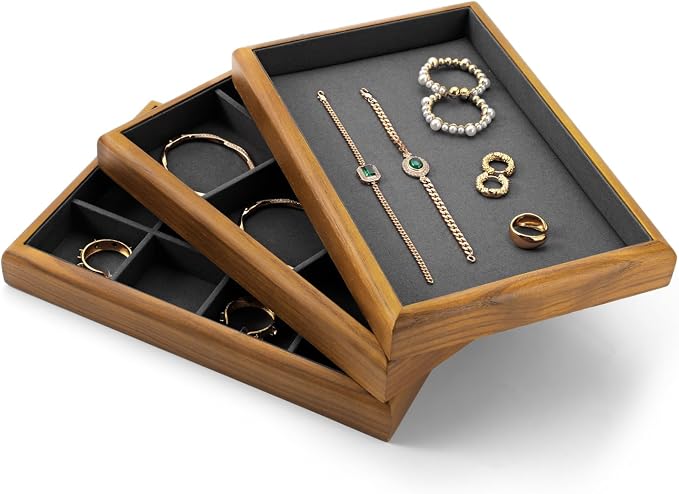 Oirlv Dark Grey Wood Jewelry Tray for Ring Display & Storage | Solid wood base with microfiber lining, multi-compartment design, ideal for jewelry display, ring storage & shop showcase