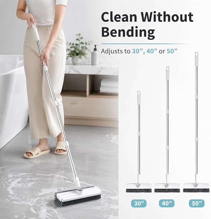 Floor Scrub Brush with 50-Inch Handle, Squeegee and Stiff Bristles | Stiff PVC bristles, 30/40/50-in stainless steel handle, 360° locking head and squeegee for tile, tubs and patios.
