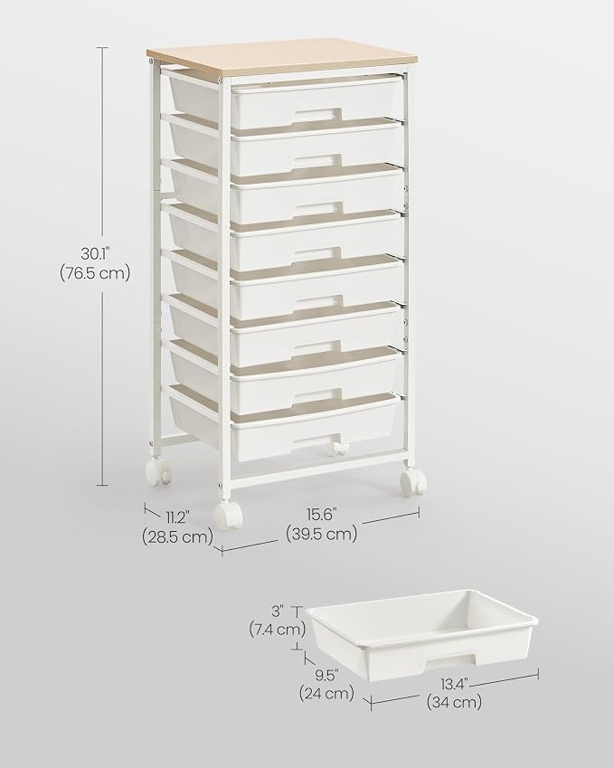 VASAGLE 8-Drawer Rolling Storage Cart, Utility Cart with Wheels and Wood Top, Craft Organizer for Office and Home, 15.6 x 11.2 x 30.1 inch, White, Benco Collection ULRC006W101