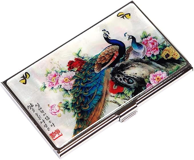Mother of Pearl Business Card Case Credit Id Name Holder Travel Wallet Art Painting Design Metal Stainless Steel Engraved Slim Purse Pocket Cash Money Wallet (Peacock)