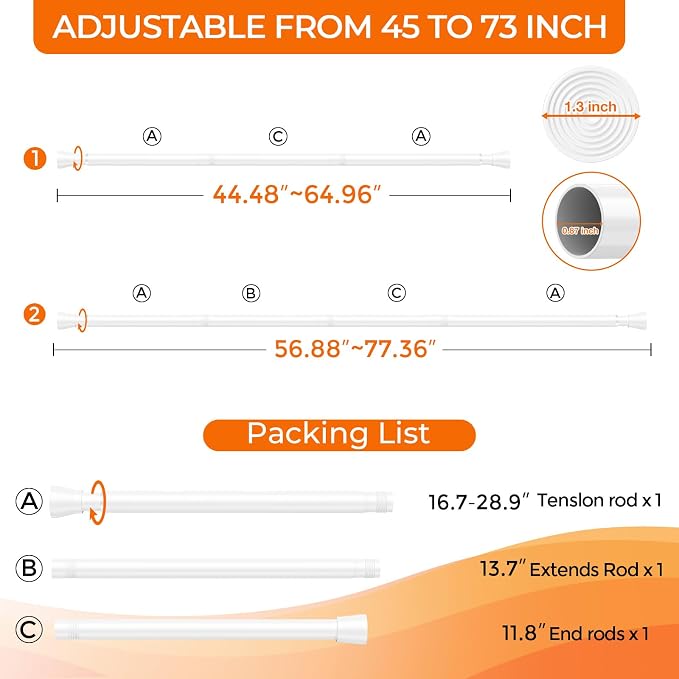 Spring Tension Curtain Rod 45 to 76 Inch 7/8" Diameter No Drilling Adjustable White Curtain Rods for Window Doorway Closet Door Kitchen Bathroom